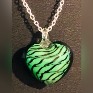 Green Tiger Glass Heart Necklace, 18” Silver Tone Chain